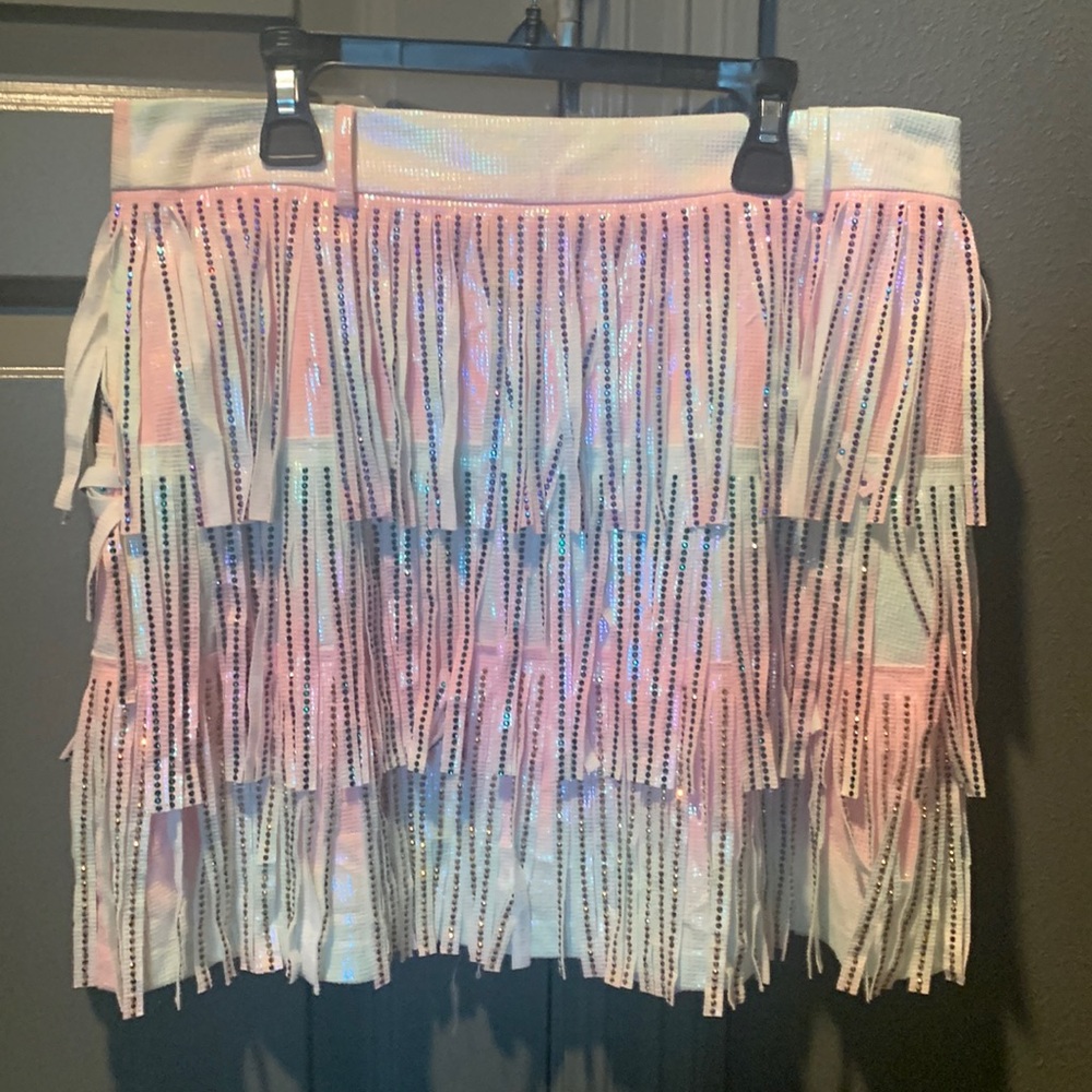 Pink/blue with rhinestone fringe.